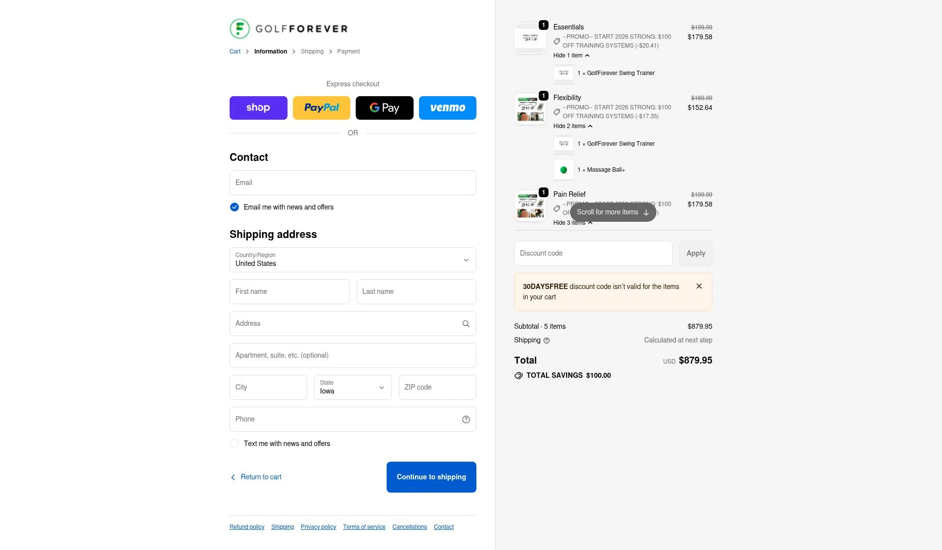 GolfForever checkout page showing GolfForever discount code box | Screenshot taken by SimplyCodes community member on Dec 29, 2025