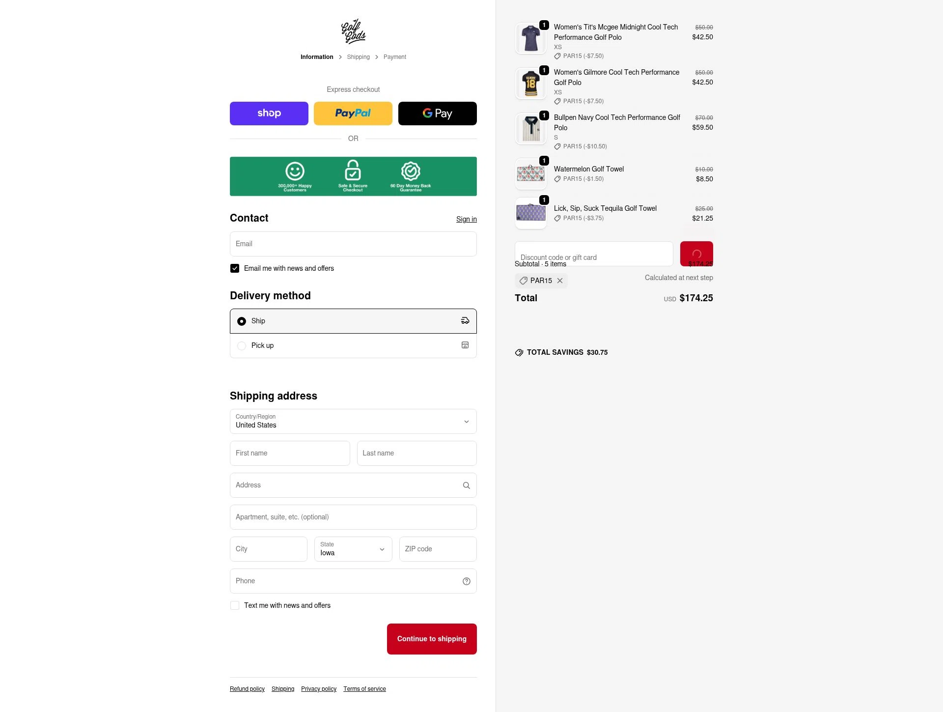 Golf Gods checkout page showing Golf Gods discount code box | Screenshot taken by SimplyCodes community member on Feb 18, 2026
