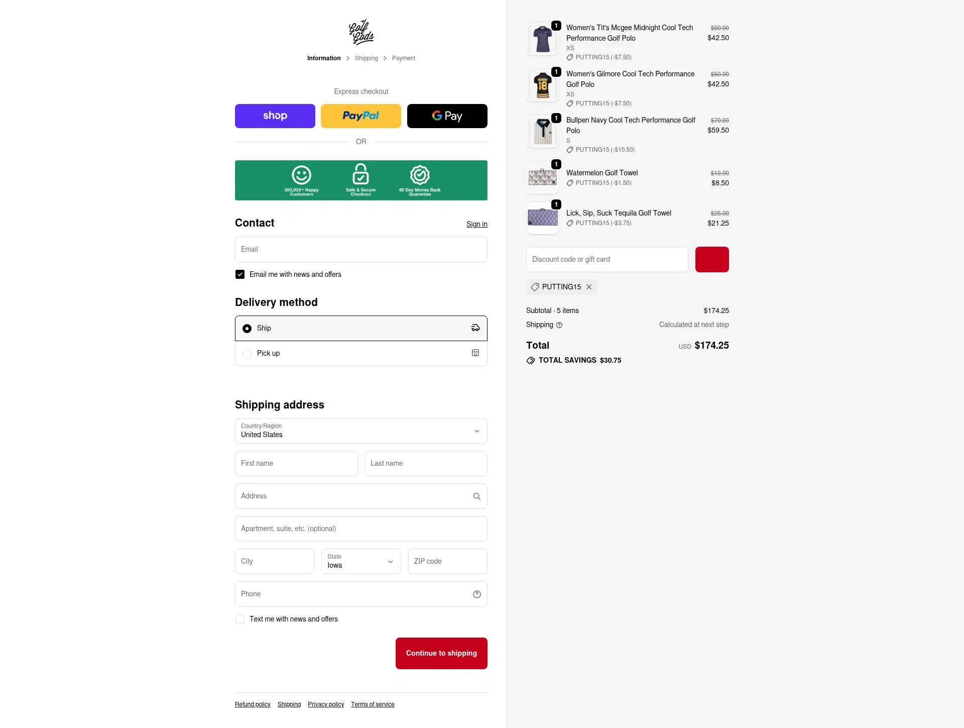 Golf Gods checkout page showing Golf Gods discount code box | Screenshot taken by SimplyCodes community member on Feb 13, 2026