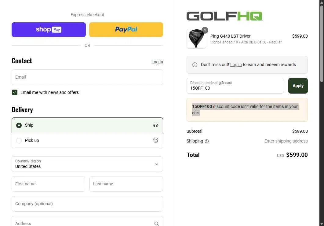 GolfHQ checkout page showing GolfHQ promo code box | Screenshot taken by SimplyCodes community member on Aug 10, 2025