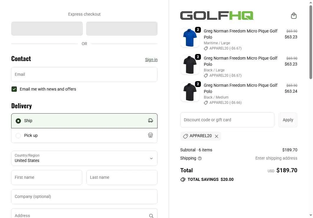 GolfHQ checkout page showing GolfHQ promo code box | Screenshot taken by SimplyCodes community member on Oct 19, 2025