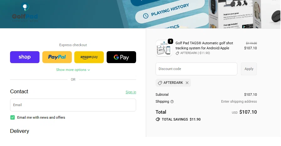 Golf Pad discount code screenshot showing code AFTERDARK applied at Golf Pad checkout page. Uploaded by SimplyCodes community member WiseTitan5941 on Jan 30, 2026