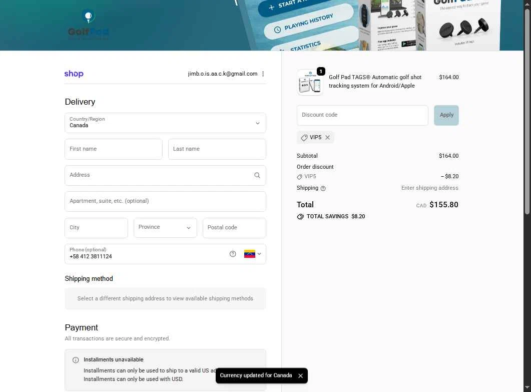Golf Pad checkout page showing Golf Pad discount code box | Screenshot taken by SimplyCodes community member on Feb 10, 2026