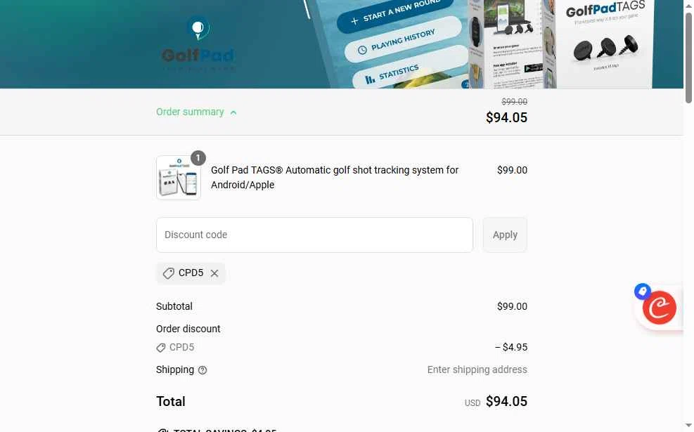 Golf Pad checkout page showing Golf Pad discount code box | Screenshot taken by SimplyCodes community member on Jun 22, 2025