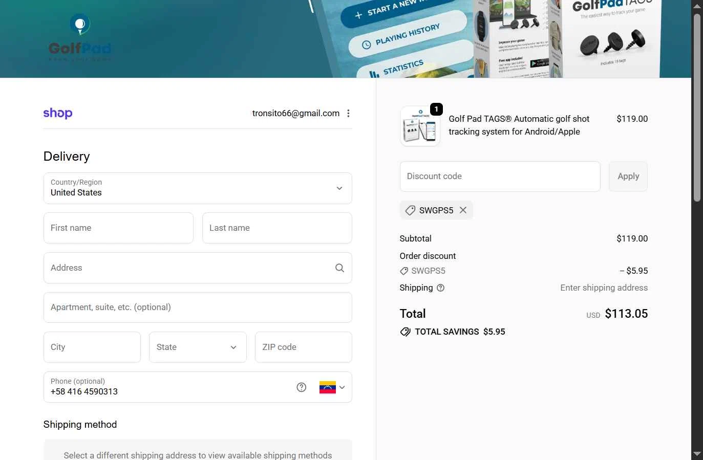Golf Pad checkout page showing Golf Pad discount code box | Screenshot taken by SimplyCodes community member on Jan 8, 2026