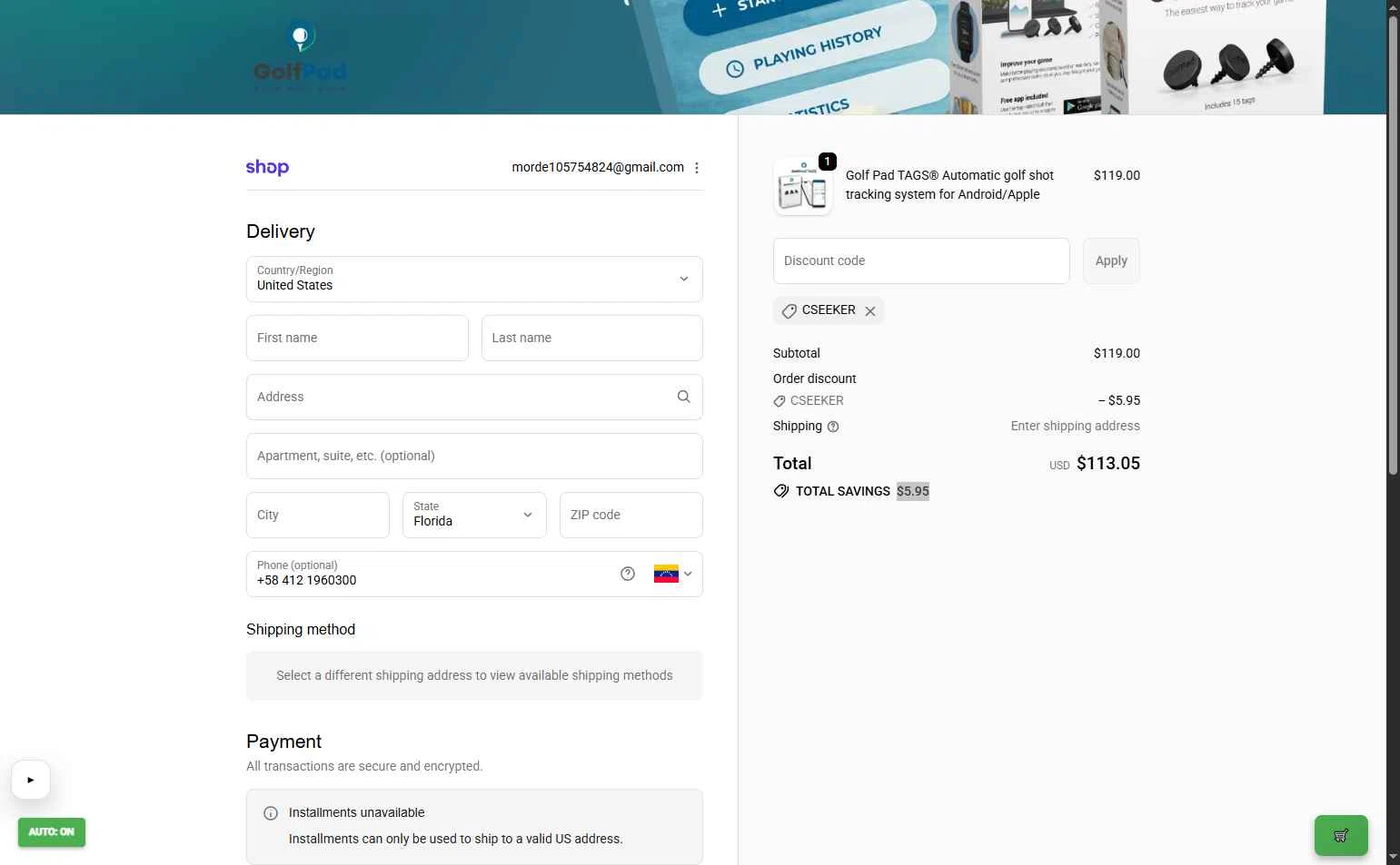 Golf Pad checkout page showing Golf Pad discount code box | Screenshot taken by SimplyCodes community member on Jan 8, 2026