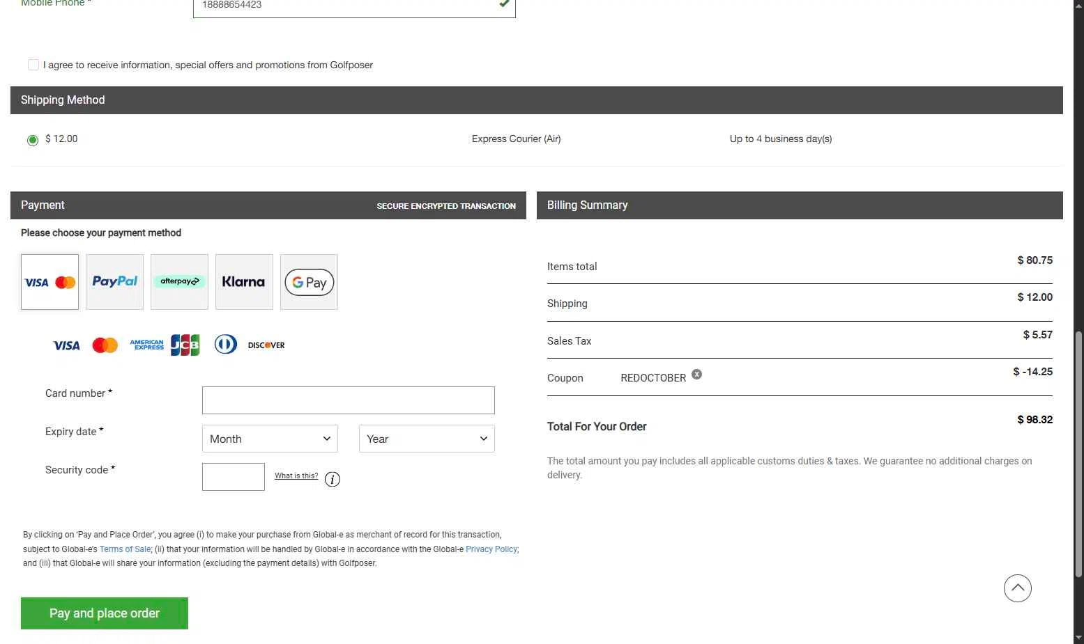 GolfPoser checkout page showing GolfPoser promo code box | Screenshot taken by SimplyCodes community member on Oct 20, 2025
