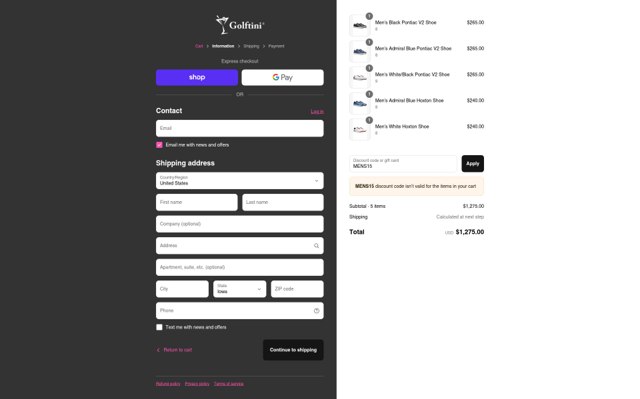 Golftini checkout page showing Golftini promo code box | Screenshot taken by SimplyCodes community member on Aug 29, 2025