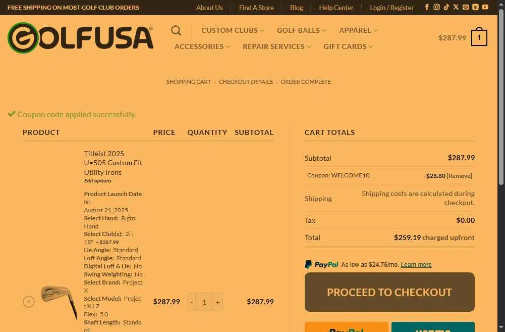 Golf USA checkout page showing Golf USA coupon code box | Screenshot taken by SimplyCodes community member on Aug 5, 2025