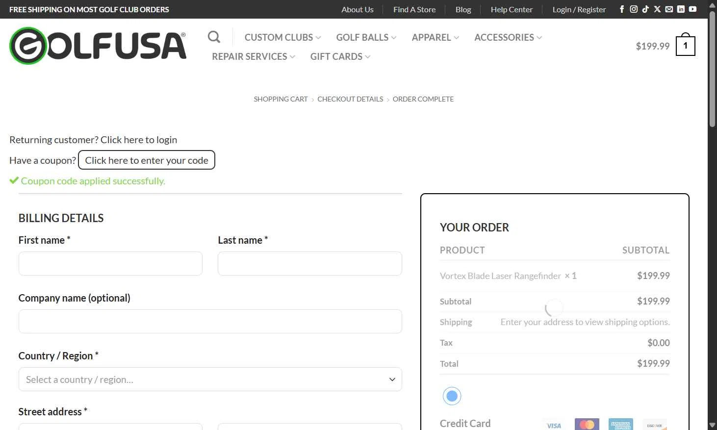 Golf USA checkout page showing Golf USA coupon code box | Screenshot taken by SimplyCodes community member on Jun 9, 2025