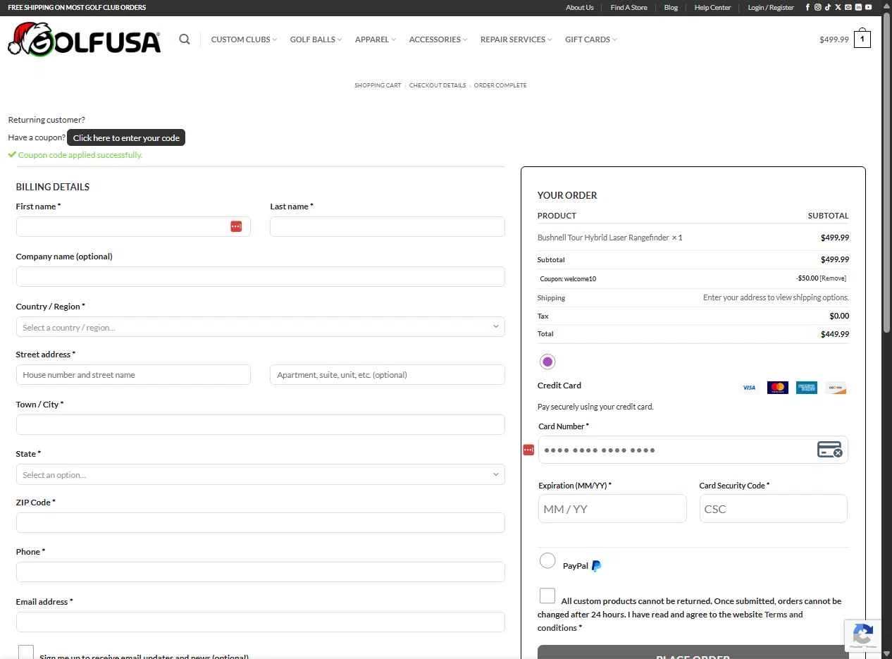 Golf USA checkout page showing Golf USA coupon code box | Screenshot taken by SimplyCodes community member on Dec 13, 2025
