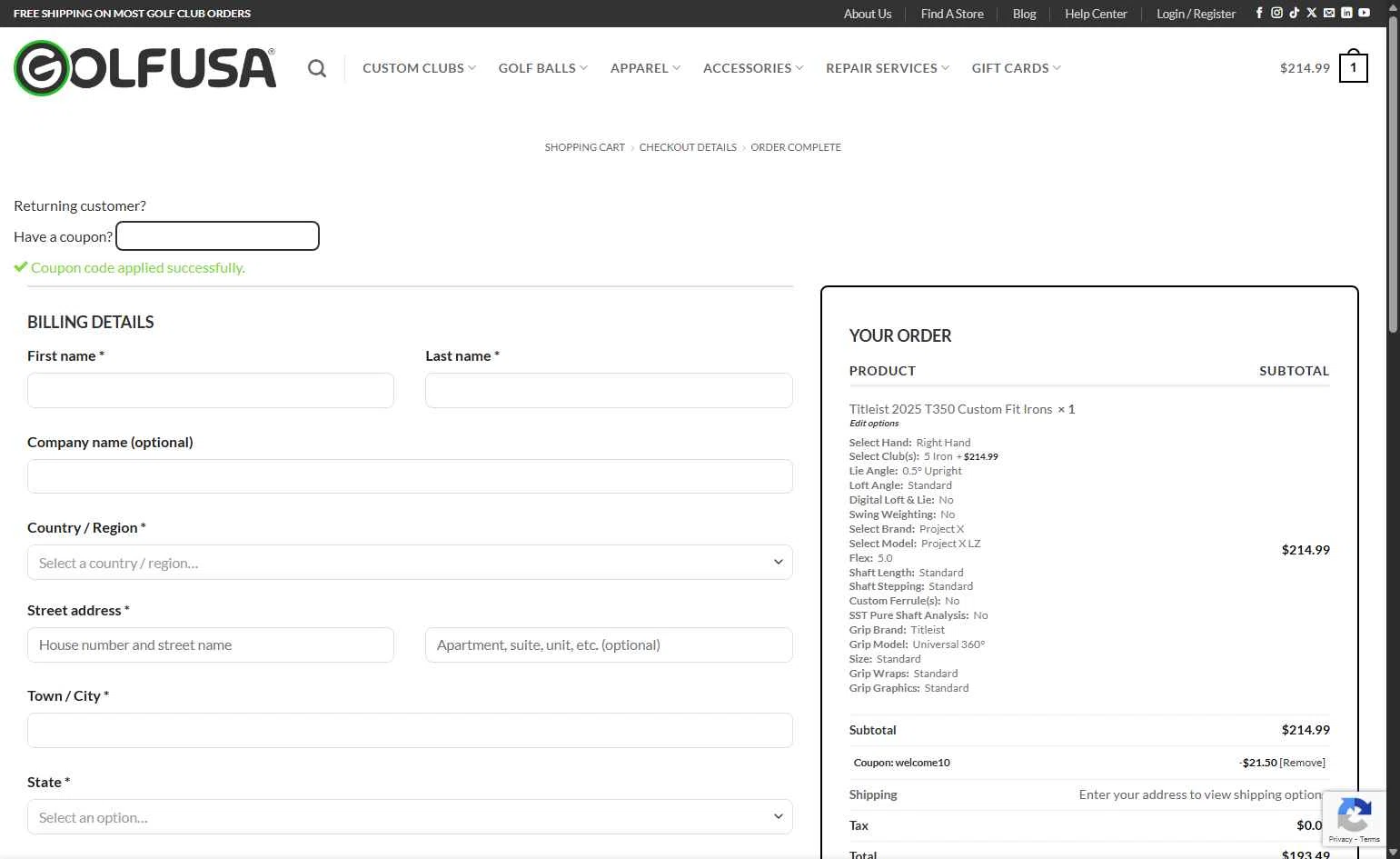 Golf USA checkout page showing Golf USA coupon code box | Screenshot taken by SimplyCodes community member on Sep 3, 2025