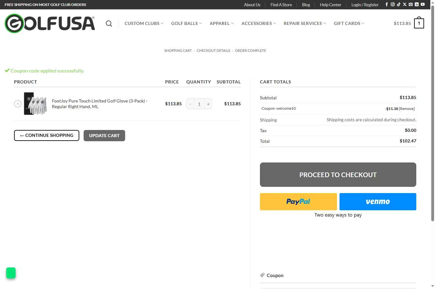 Golf USA checkout page showing Golf USA coupon code box | Screenshot taken by SimplyCodes community member on Oct 2, 2025