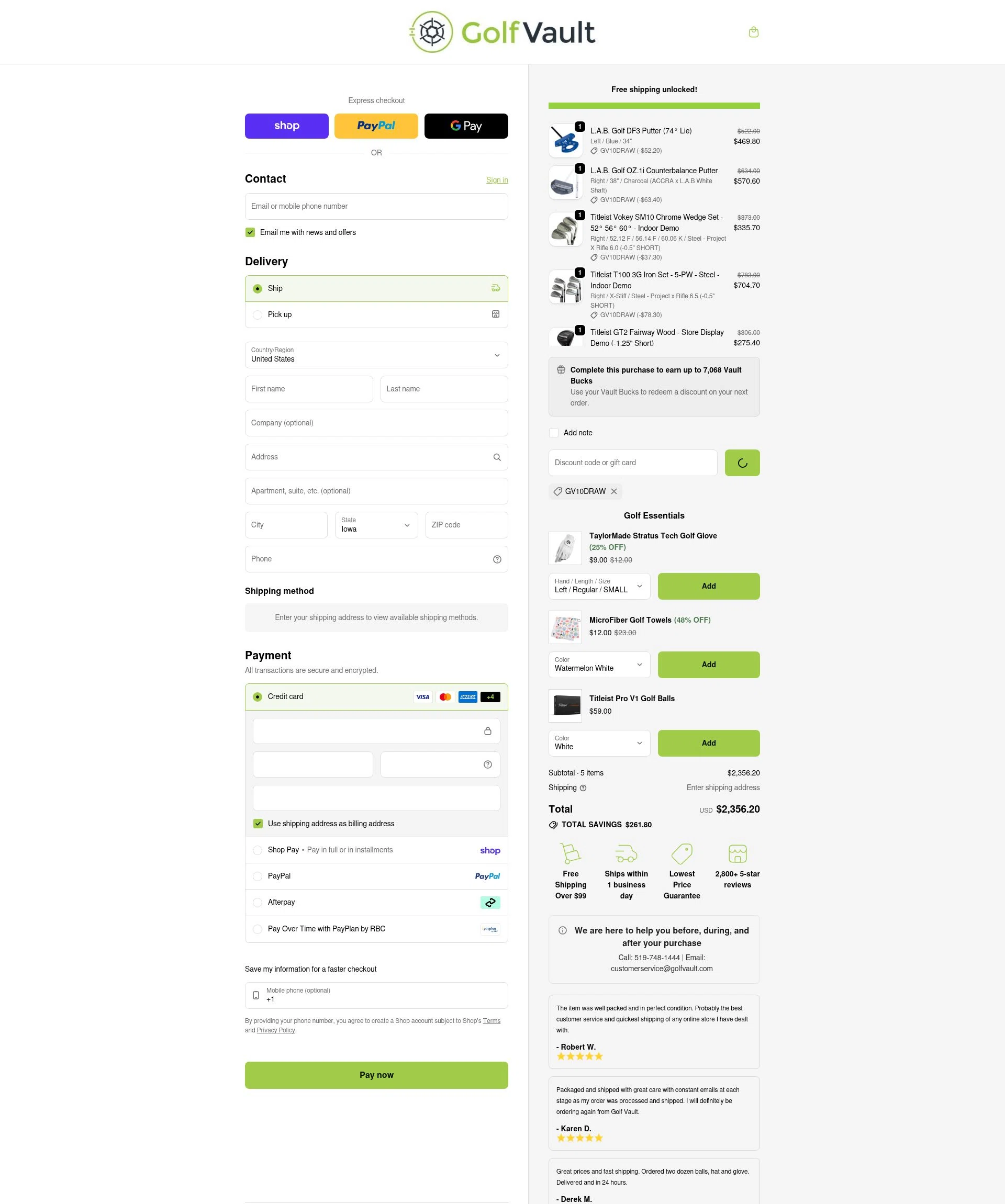 Golf Vault checkout page showing Golf Vault promo code box | Screenshot taken by SimplyCodes community member on Feb 5, 2026