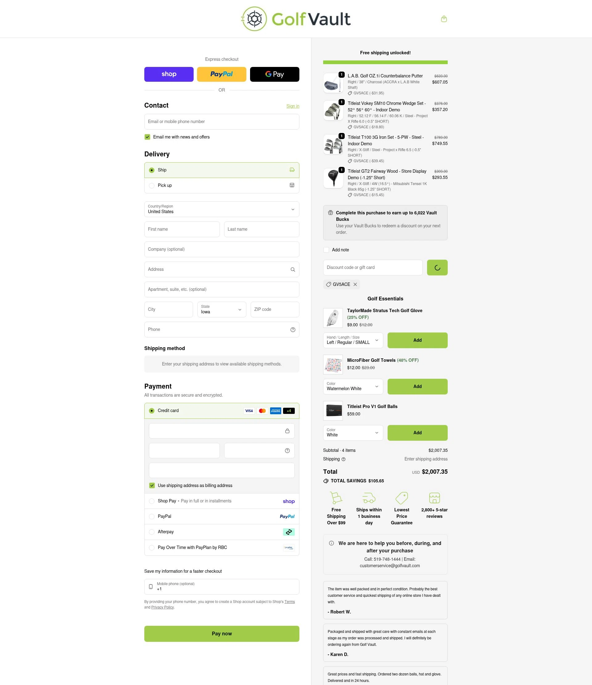 Golf Vault checkout page showing Golf Vault promo code box | Screenshot taken by SimplyCodes community member on Feb 9, 2026