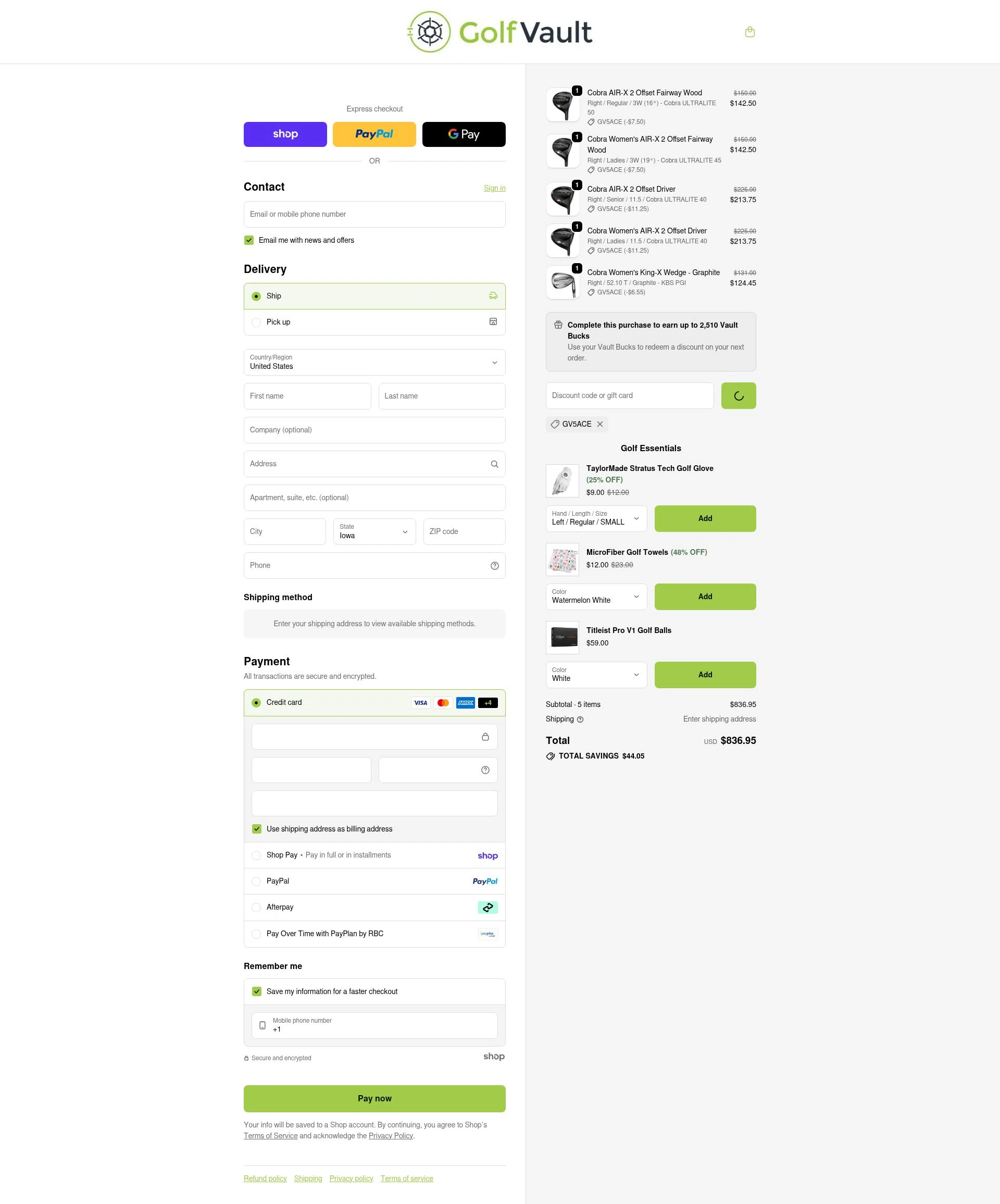 Golf Vault checkout page showing Golf Vault promo code box | Screenshot taken by SimplyCodes community member on Jan 27, 2026
