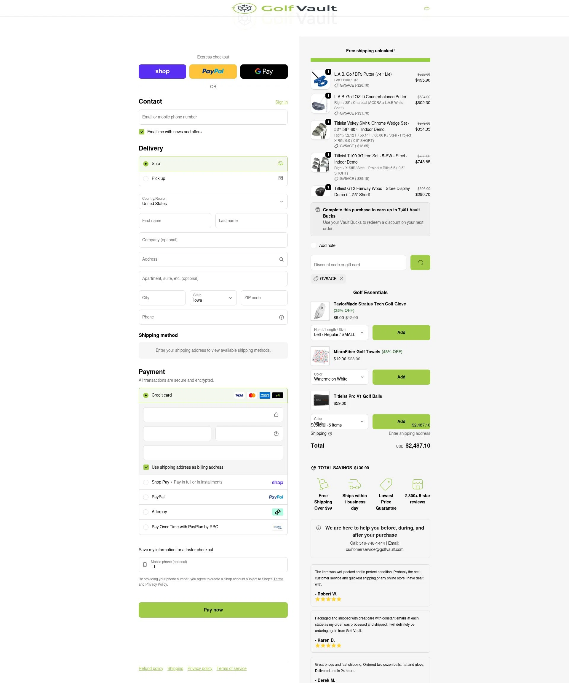 Golf Vault checkout page showing Golf Vault promo code box | Screenshot taken by SimplyCodes community member on Feb 5, 2026