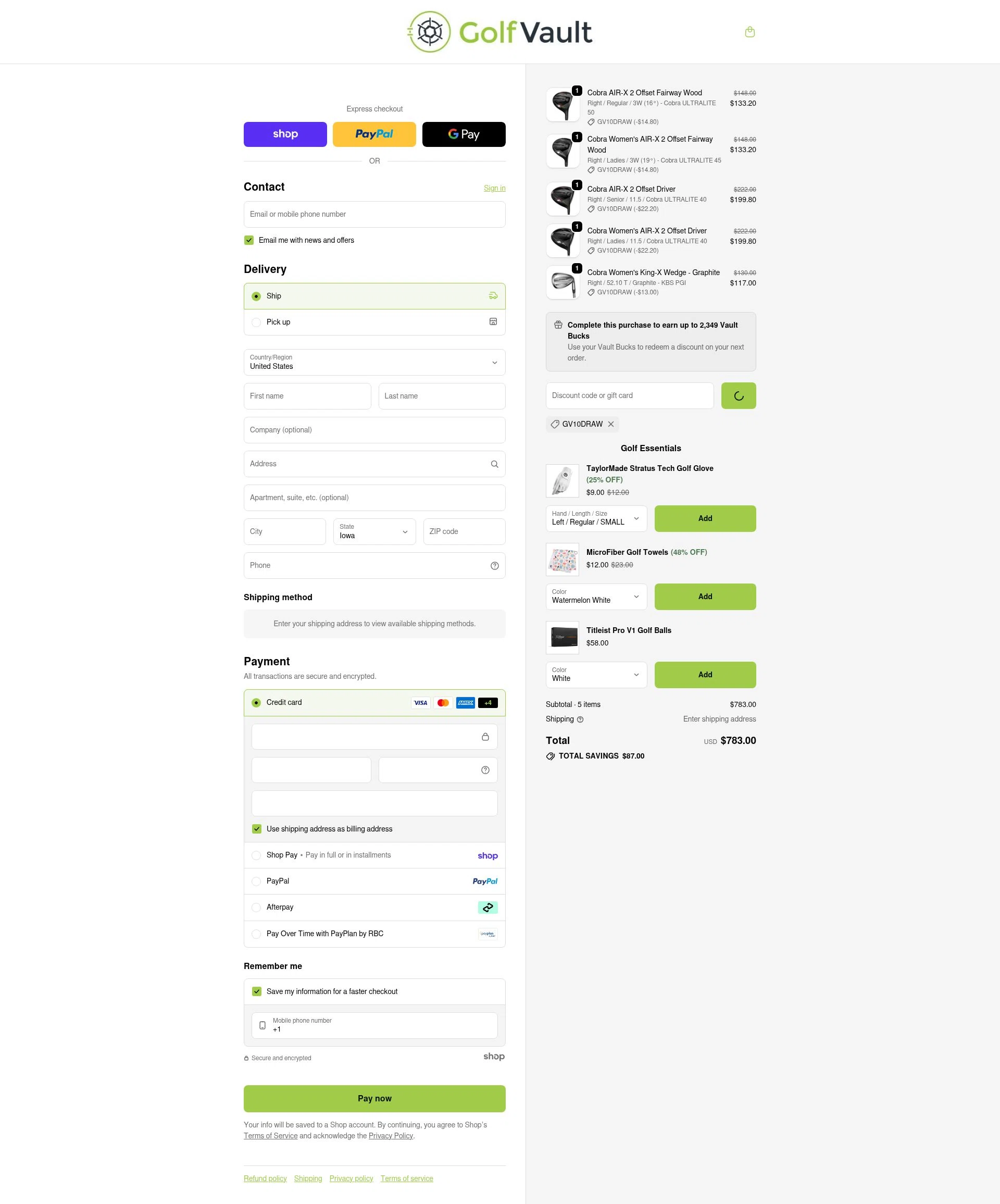Golf Vault checkout page showing Golf Vault promo code box | Screenshot taken by SimplyCodes community member on Jan 23, 2026