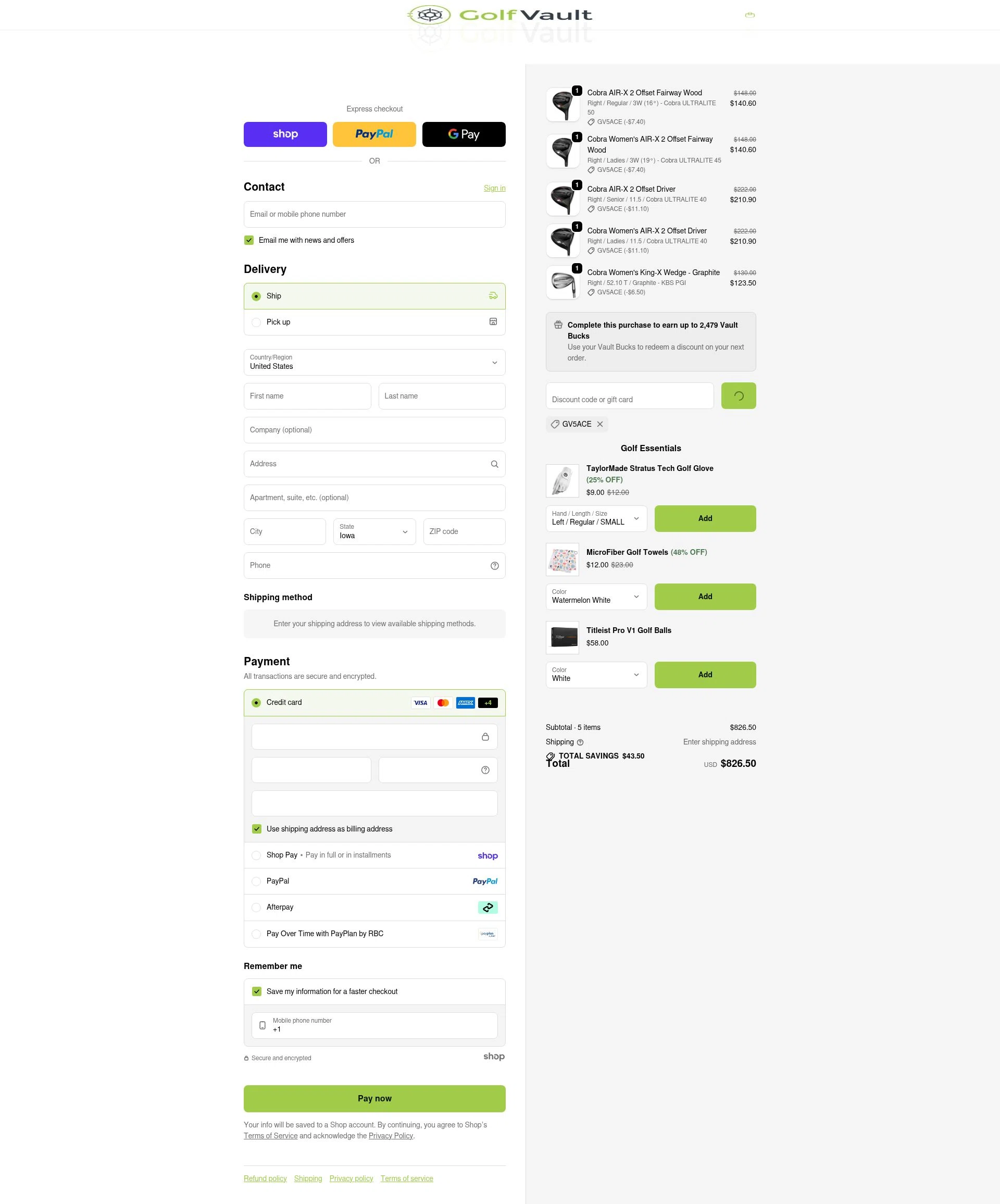 Golf Vault checkout page showing Golf Vault promo code box | Screenshot taken by SimplyCodes community member on Jan 23, 2026
