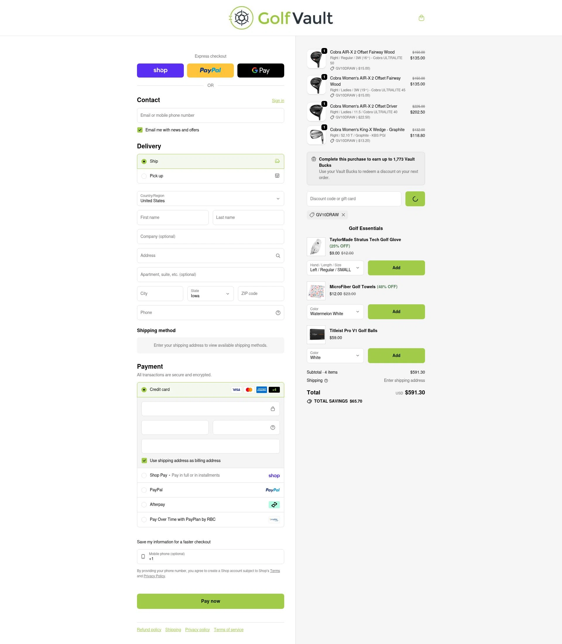 Golf Vault checkout page showing Golf Vault promo code box | Screenshot taken by SimplyCodes community member on Feb 1, 2026