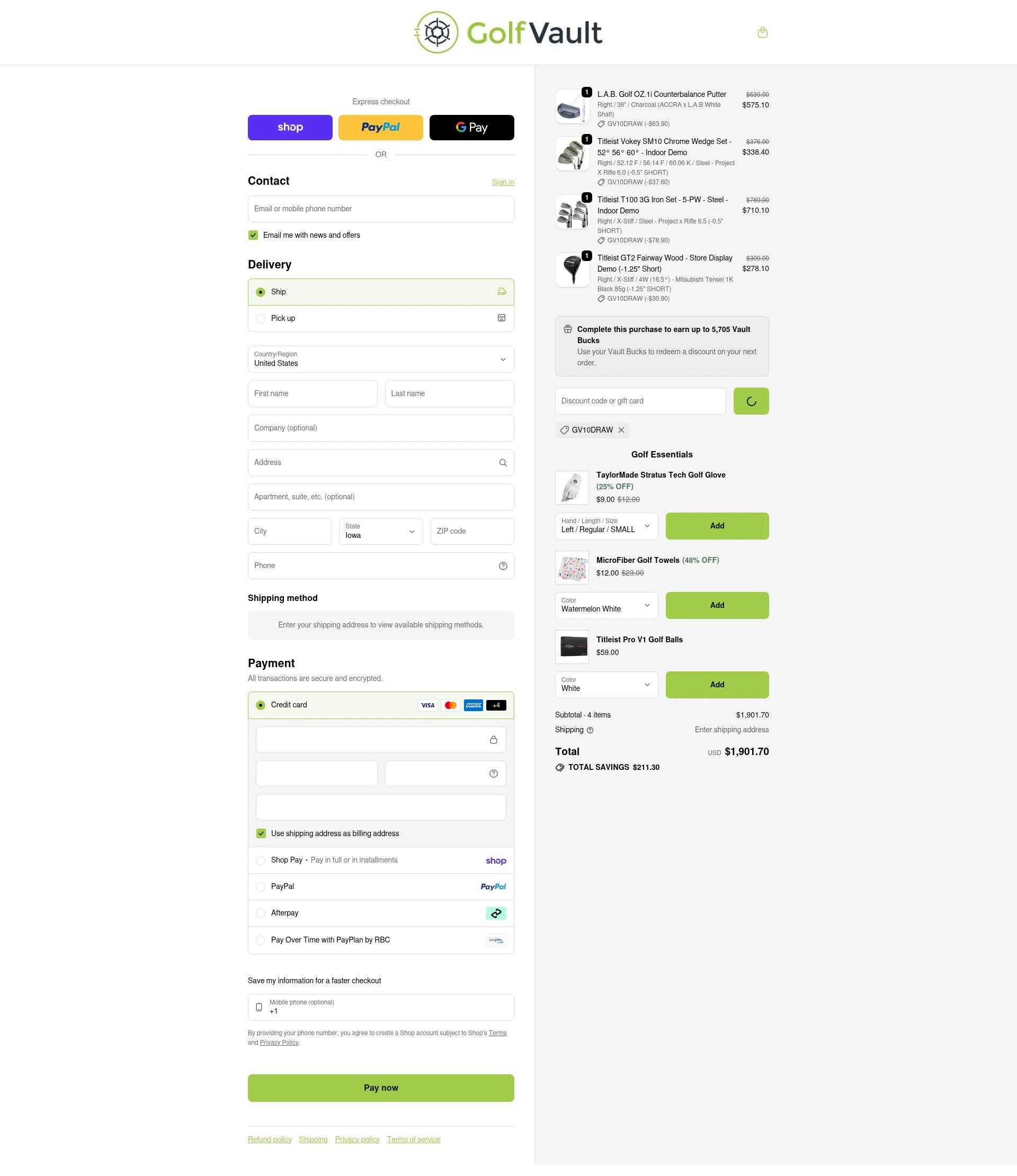 Golf Vault checkout page showing Golf Vault promo code box | Screenshot taken by SimplyCodes community member on Feb 9, 2026