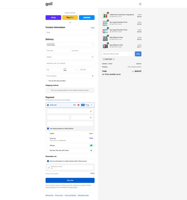 Goli checkout page showing Goli coupon code box | Screenshot taken by SimplyCodes community member on Sep 5, 2025