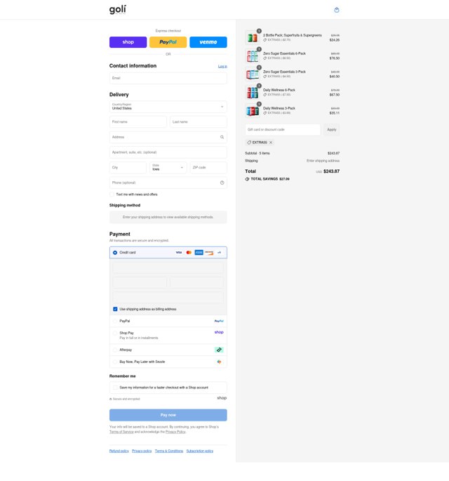 Goli checkout page showing Goli coupon code box | Screenshot taken by SimplyCodes community member on Sep 7, 2025