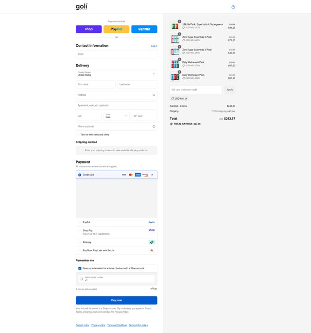 Goli checkout page showing Goli coupon code box | Screenshot taken by SimplyCodes community member on Sep 5, 2025