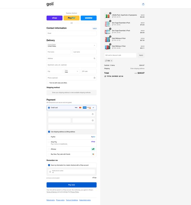 Goli checkout page showing Goli coupon code box | Screenshot taken by SimplyCodes community member on Sep 5, 2025
