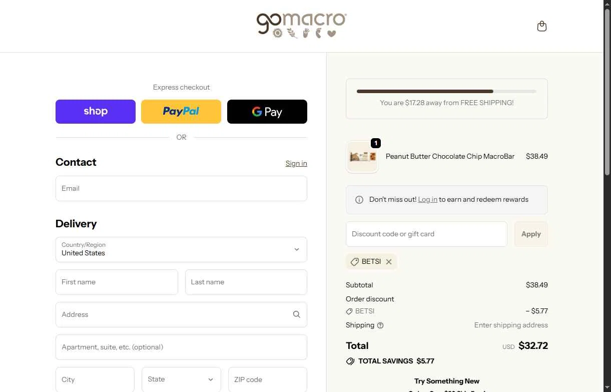 GoMacro checkout page showing GoMacro promo code box | Screenshot taken by SimplyCodes community member on Feb 3, 2026