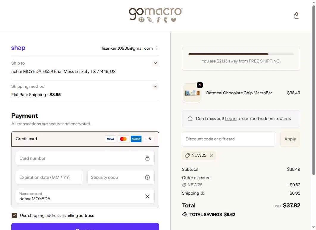 GoMacro checkout page showing GoMacro promo code box | Screenshot taken by SimplyCodes community member on Jan 17, 2026