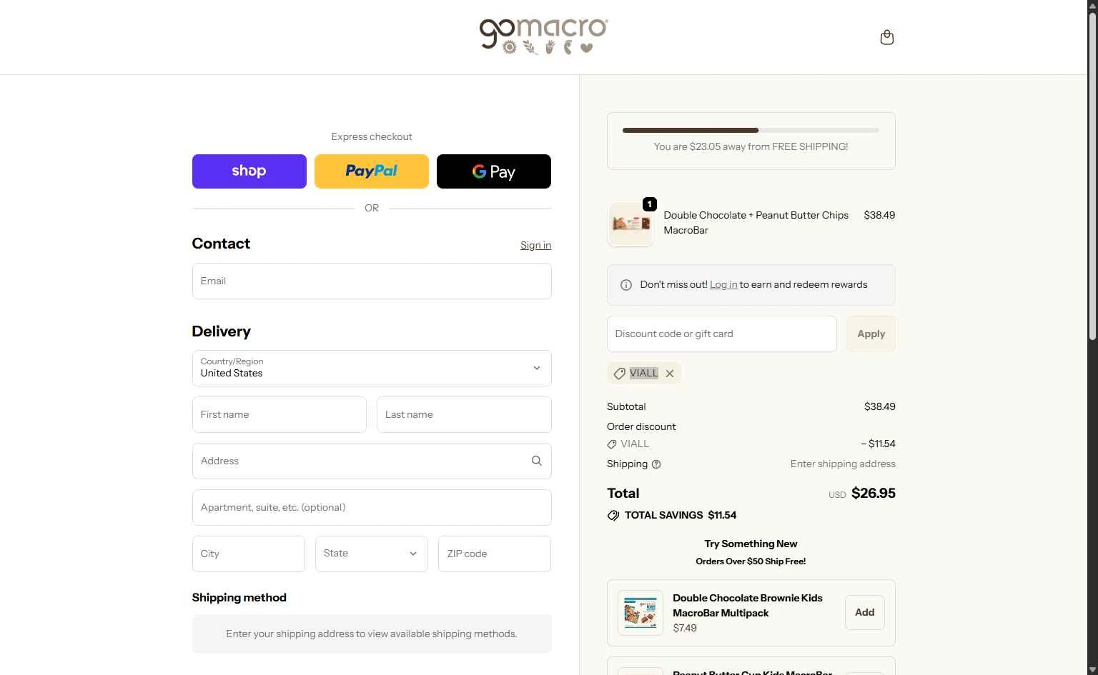 GoMacro checkout page showing GoMacro promo code box | Screenshot taken by SimplyCodes community member on Jan 25, 2026