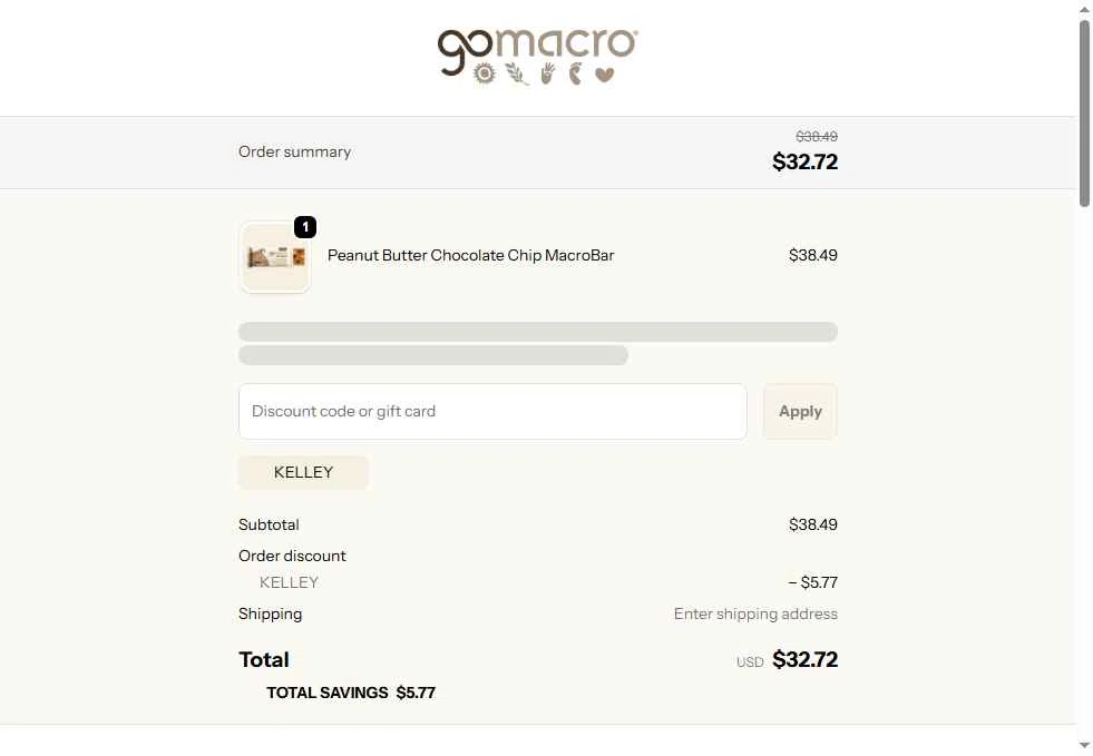 GoMacro checkout page showing GoMacro promo code box | Screenshot taken by SimplyCodes community member on Feb 3, 2026