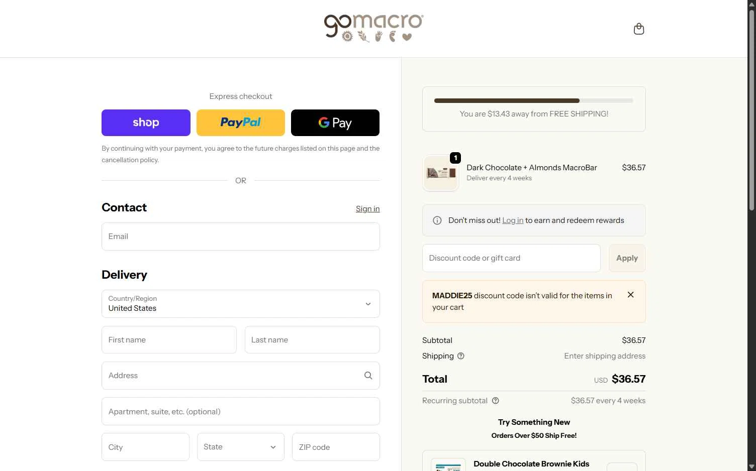 GoMacro checkout page showing GoMacro promo code box | Screenshot taken by SimplyCodes community member on Feb 2, 2026