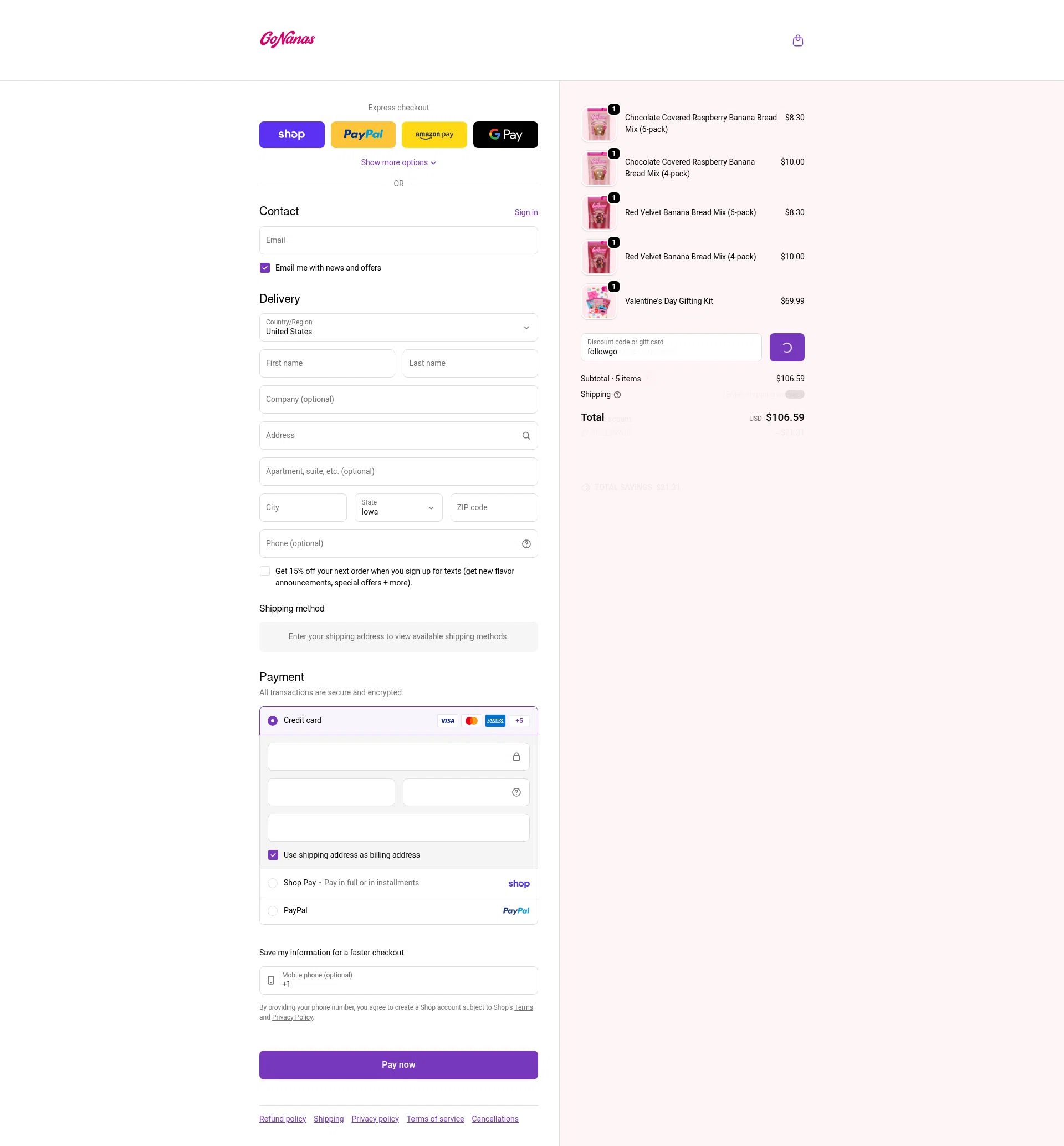 GoNanas checkout page showing GoNanas discount code box | Screenshot taken by SimplyCodes community member on Feb 3, 2026