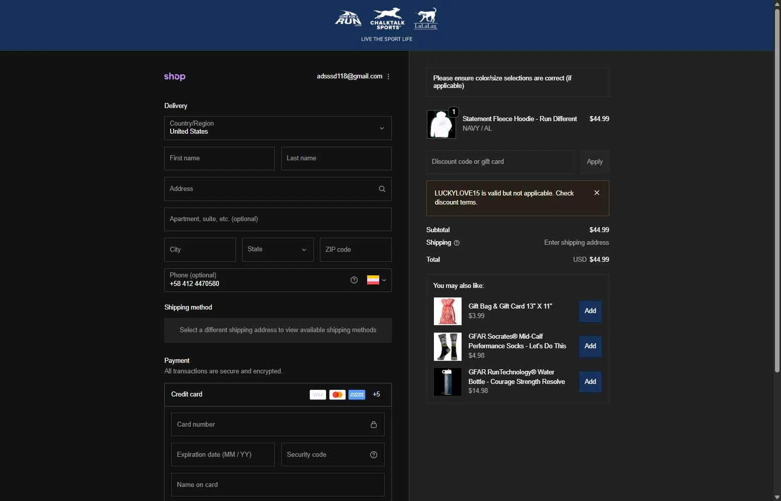 Gone For A Run checkout page showing Gone For A Run coupon code box | Screenshot taken by SimplyCodes community member on Jan 29, 2026