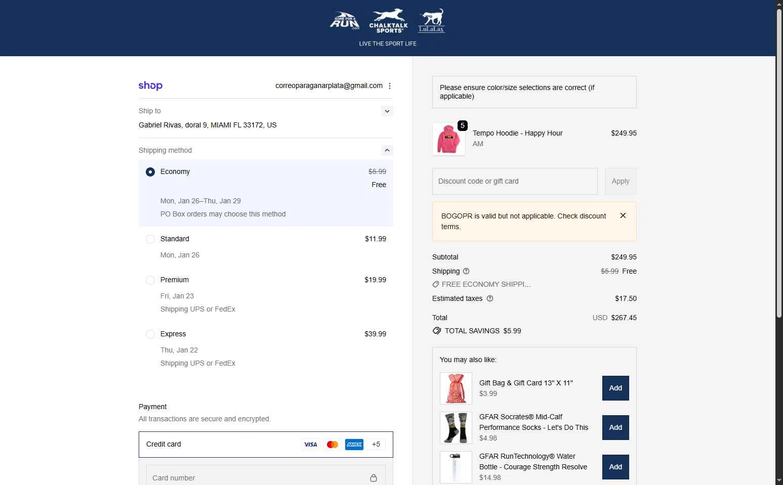 Gone For A Run checkout page showing Gone For A Run coupon code box | Screenshot taken by SimplyCodes community member on Jan 20, 2026