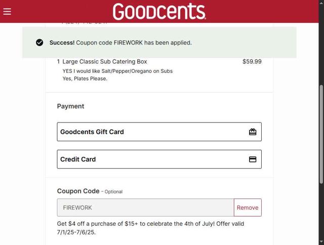 Goodcents checkout page showing Goodcents promo code box | Screenshot taken by SimplyCodes community member on Jul 4, 2025