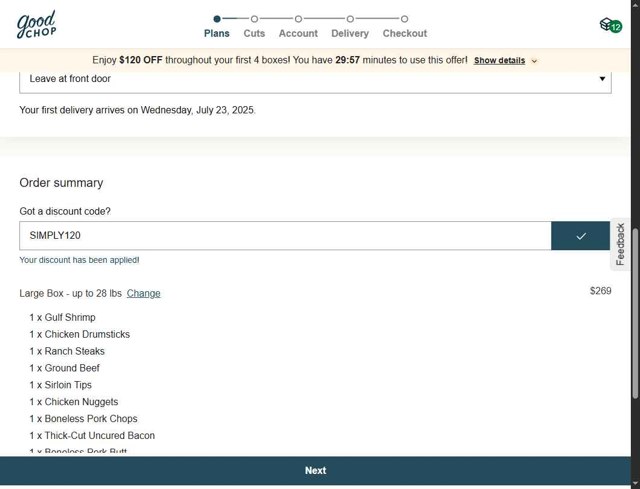 Good Chop checkout page showing Good Chop promo code box | Screenshot taken by SimplyCodes community member on Jul 19, 2025