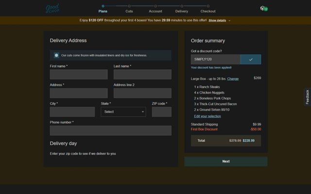 Good Chop checkout page showing Good Chop promo code box | Screenshot taken by SimplyCodes community member on Jul 19, 2025