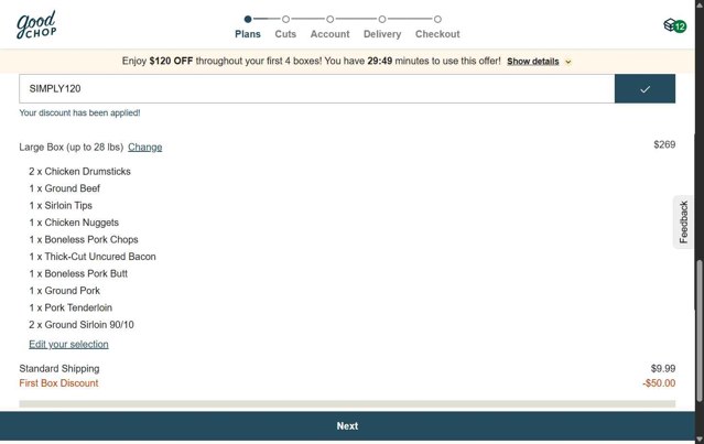 Good Chop checkout page showing Good Chop promo code box | Screenshot taken by SimplyCodes community member on Aug 30, 2025