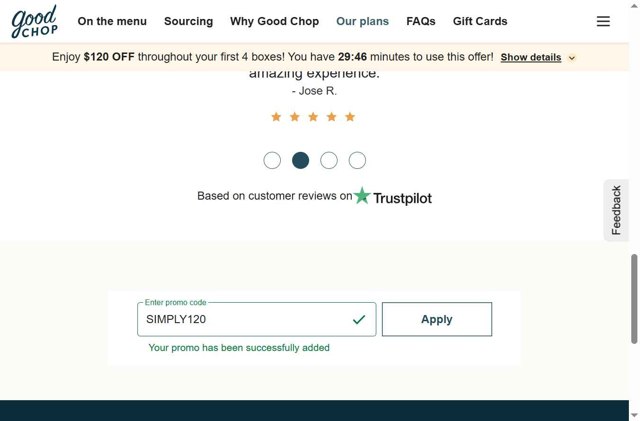 Good Chop checkout page showing Good Chop promo code box | Screenshot taken by SimplyCodes community member on Jul 19, 2025