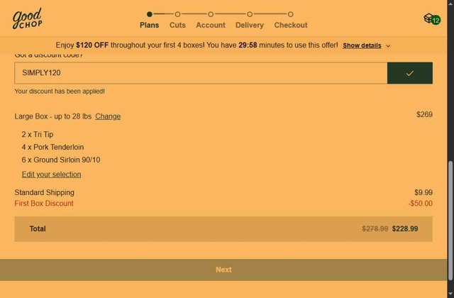 Good Chop checkout page showing Good Chop promo code box | Screenshot taken by SimplyCodes community member on Aug 15, 2025