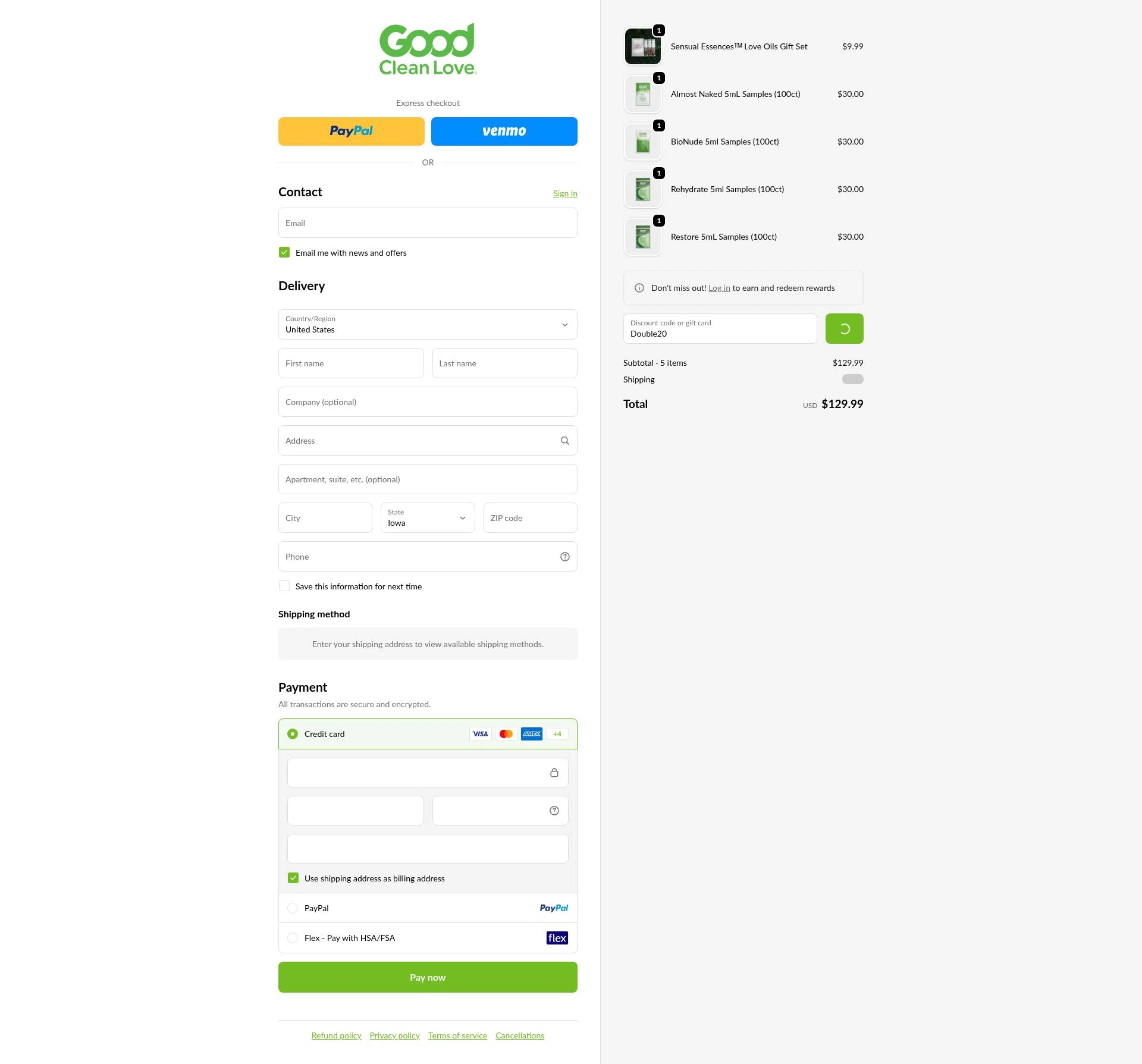 Good Clean Love checkout page showing Good Clean Love discount code box | Screenshot taken by SimplyCodes community member on Jan 2, 2026