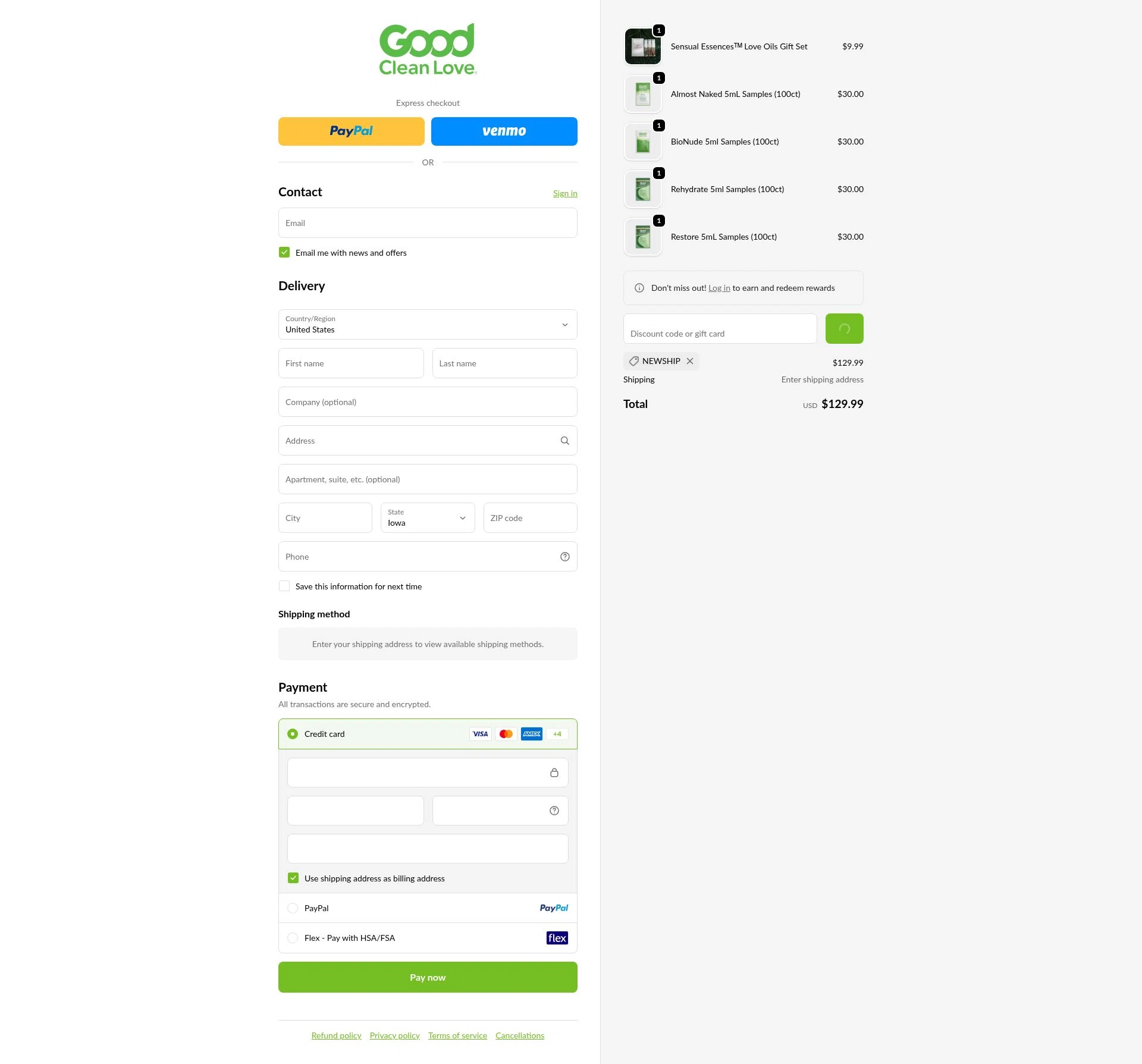 Good Clean Love checkout page showing Good Clean Love discount code box | Screenshot taken by SimplyCodes community member on Jan 2, 2026