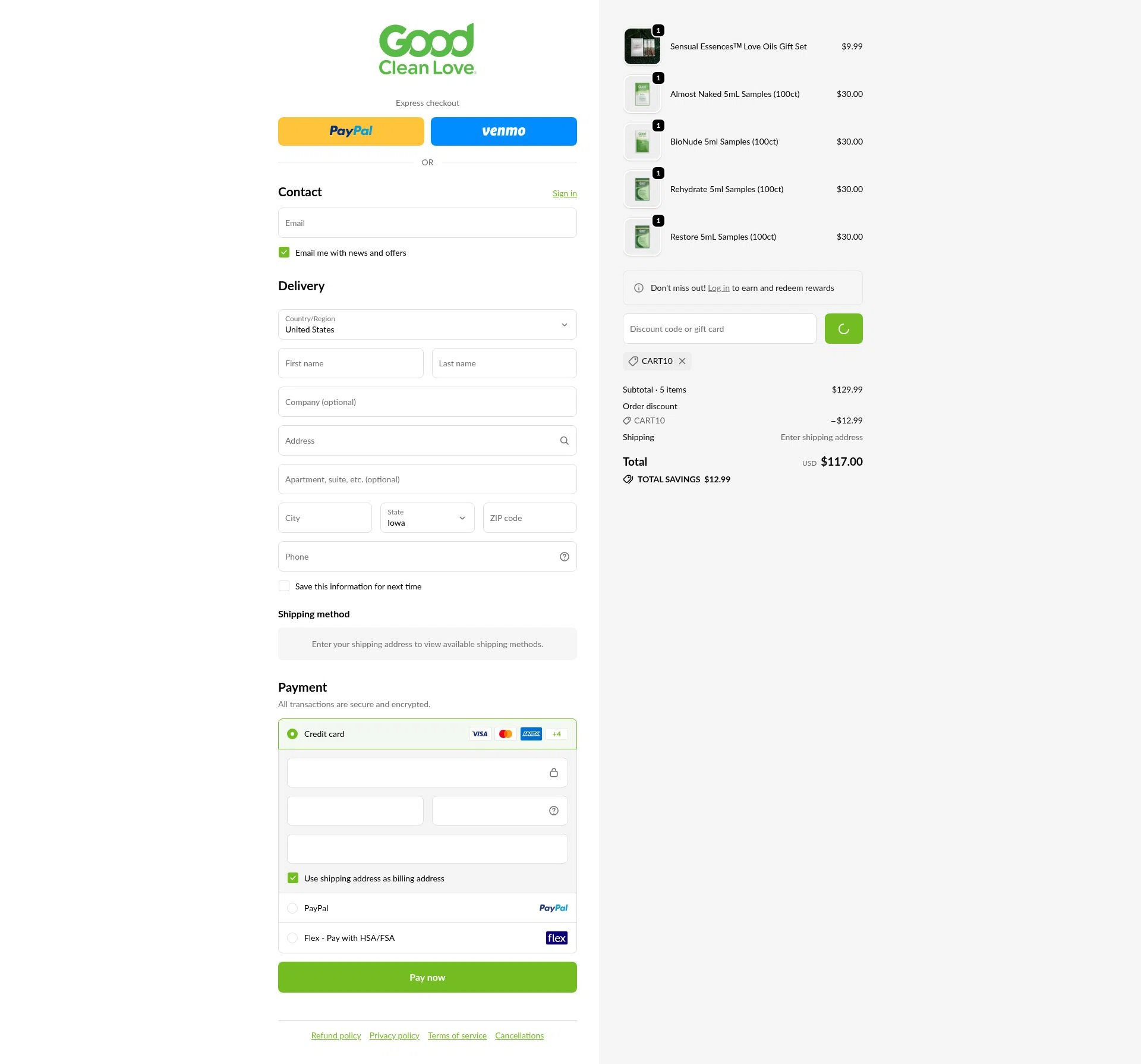 Good Clean Love checkout page showing Good Clean Love discount code box | Screenshot taken by SimplyCodes community member on Jan 2, 2026