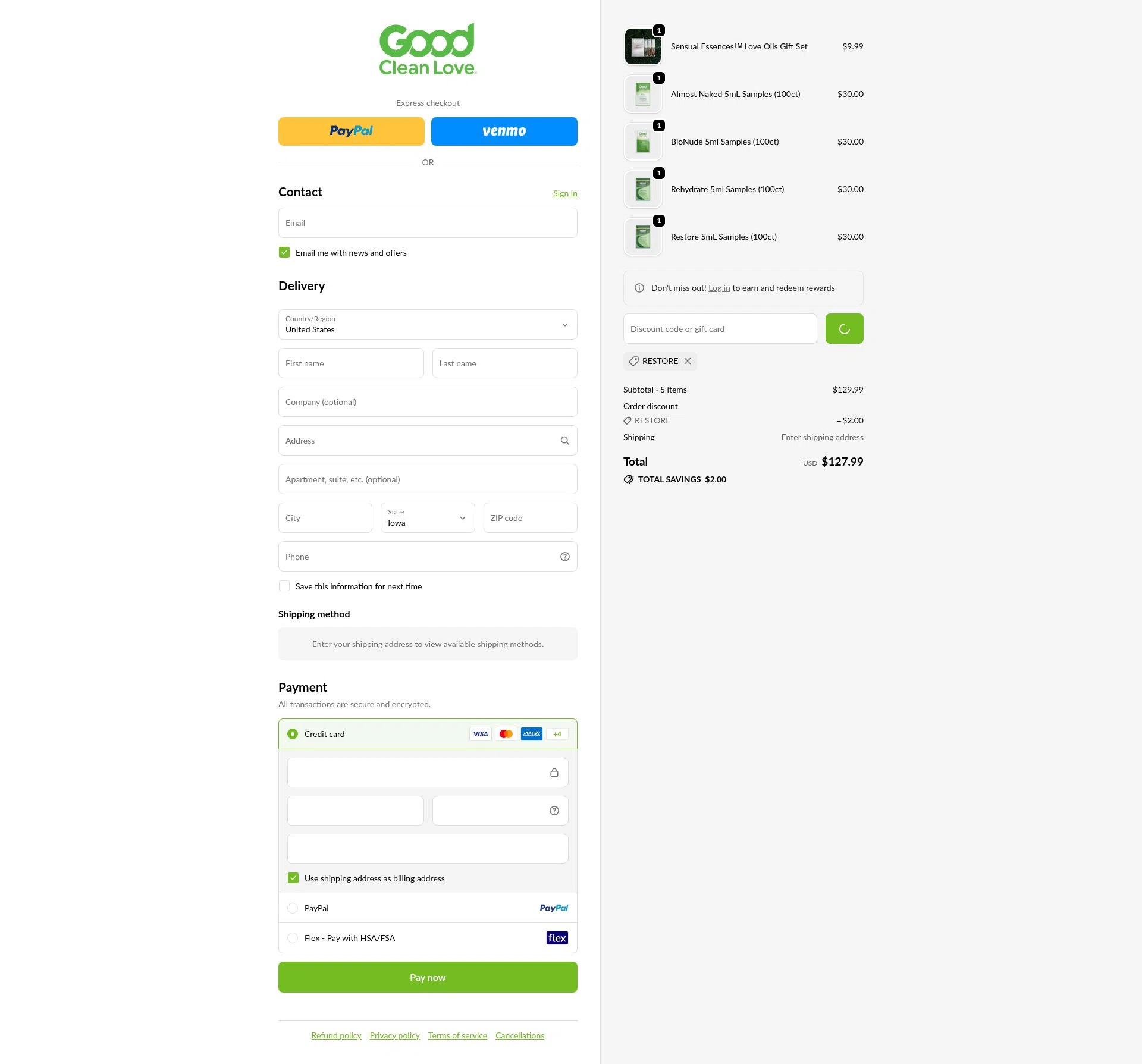 Good Clean Love checkout page showing Good Clean Love discount code box | Screenshot taken by SimplyCodes community member on Jan 2, 2026