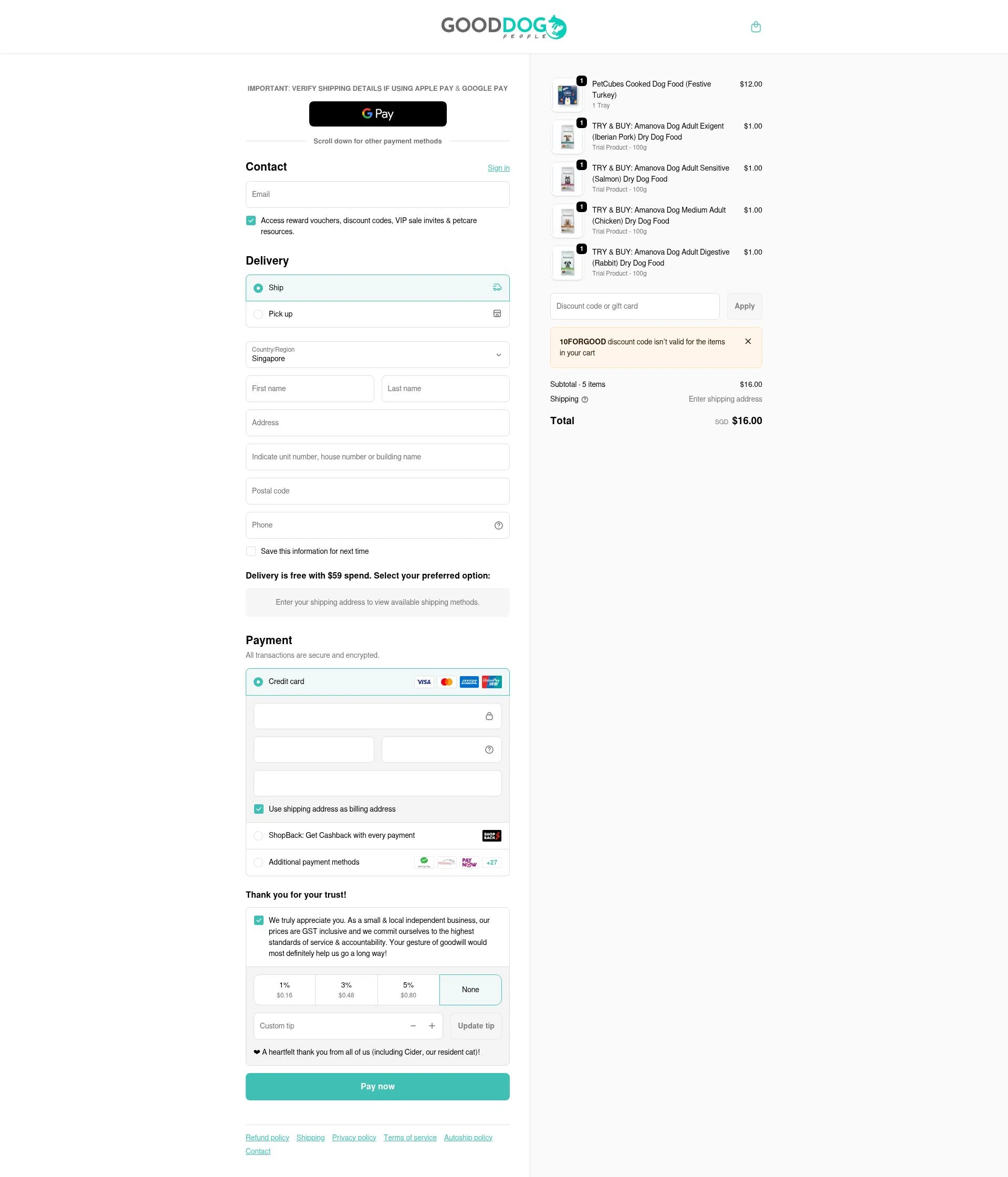 Good Dog People checkout page showing Good Dog People discount code box | Screenshot taken by SimplyCodes community member on Jan 10, 2026