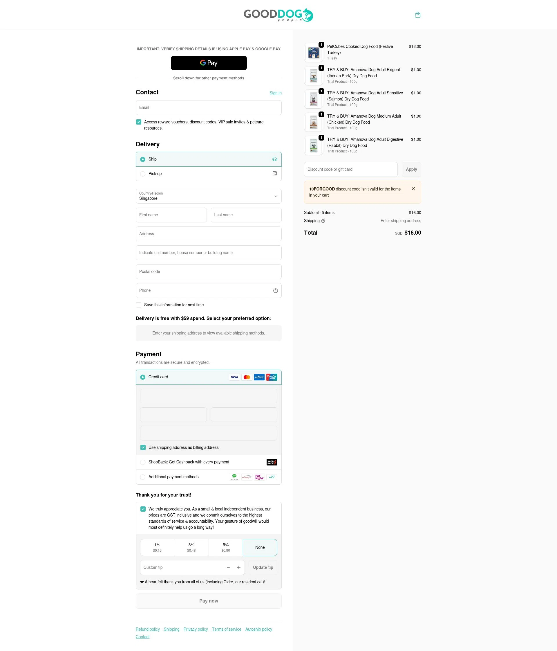 Good Dog People checkout page showing Good Dog People discount code box | Screenshot taken by SimplyCodes community member on Jan 15, 2026