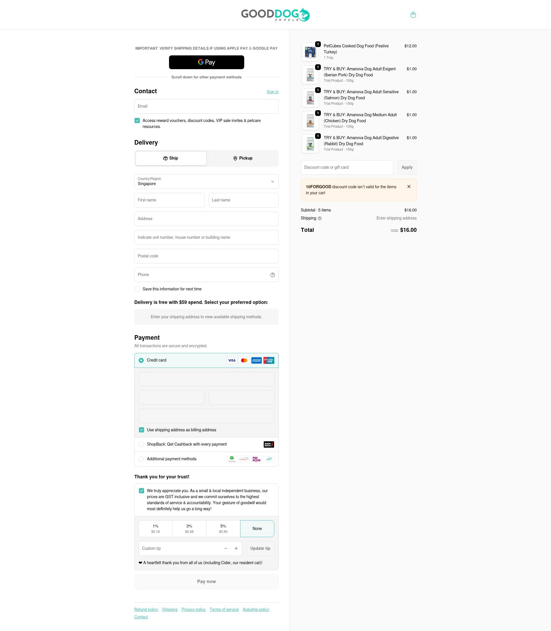 Good Dog People checkout page showing Good Dog People discount code box | Screenshot taken by SimplyCodes community member on Jan 20, 2026